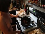 Amateur all Natural MILF Topless Cooking in Thongs