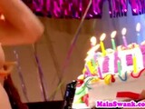 Lesbian babes toying pussy at birthday party