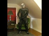 wetsuited lucha libre skeleton masked frogman playing with his cock