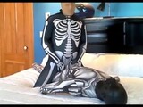 Spandex skeleton with stocking mask gassing black masked android