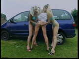 British lesbians wash a car then get it on inside it.