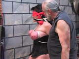 Masked broad has tits tortured by old guy