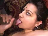 Chubby Indian babe with big ass on bed sucking and fucking two hard cocks