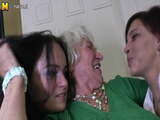 Granny Norma fucks two young lesbian girls