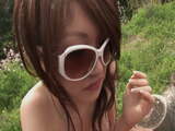 Horny couple do oral outdoors wearing sunglasses