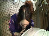 Hot geisha in uniform sucks cock in the toilets