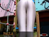 Spanish teen Paula in shiny grey tights (cameltoe)