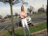 Racing van takes blonde on the street for a ride on big cock